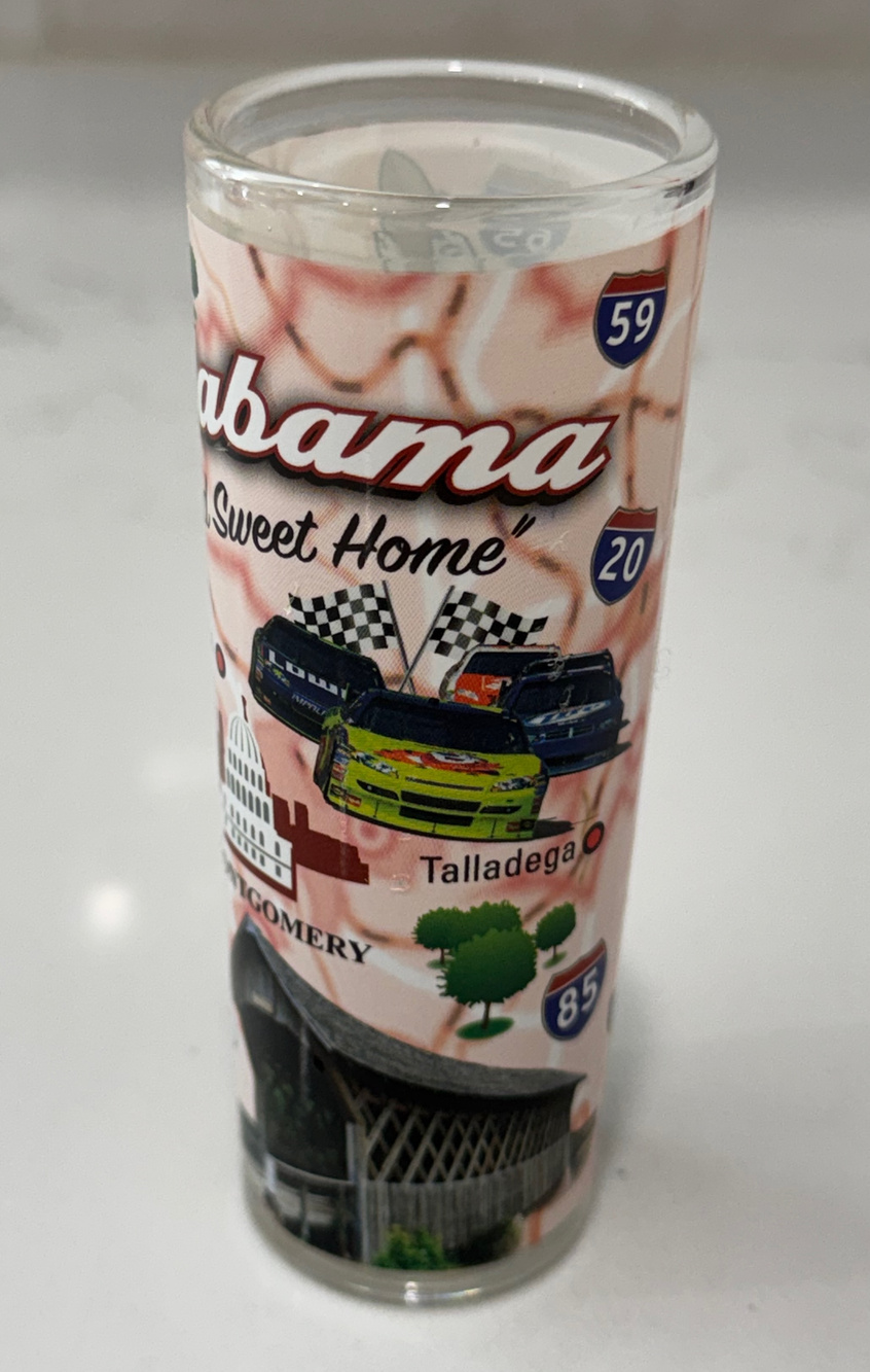 Alabama Souvenir Shot Glass Tall Shooter Map Sweet Home Roll Tide Talladega 2oz